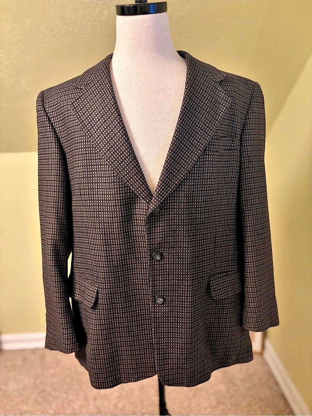 90s Cashmere Blend Sport Coat Blazer Jacket Micro Check Brown 44R Dark Academia